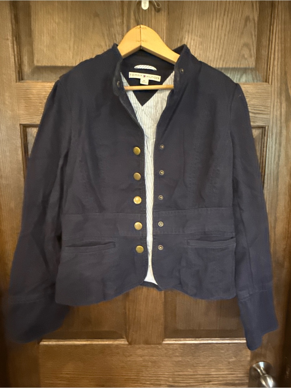 Vintage 90s Y2K Tommy Hilfiger Women's Navy Military-Style Button Jacket